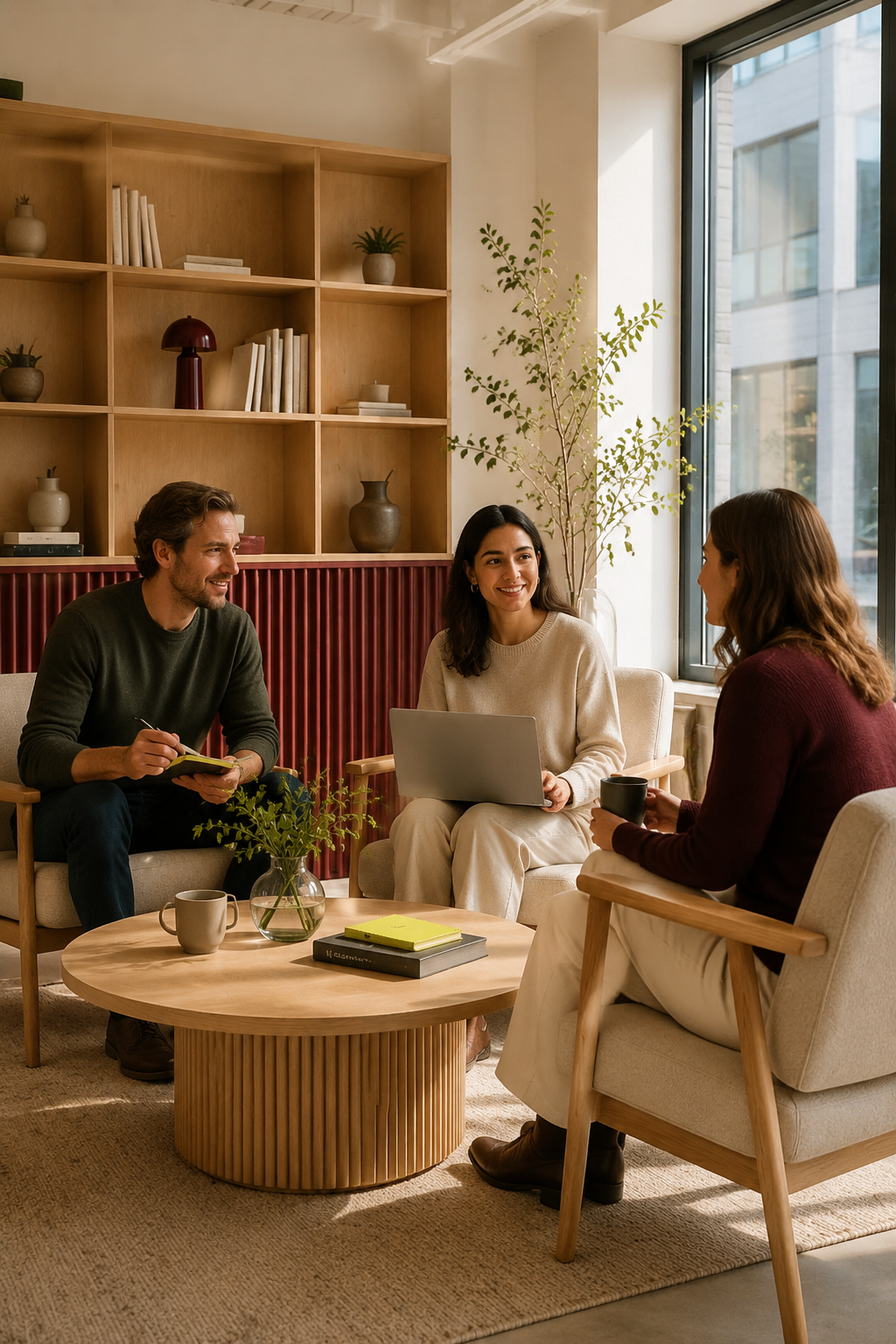 Three Lighthouse members sharing ideas in a bright work lounge